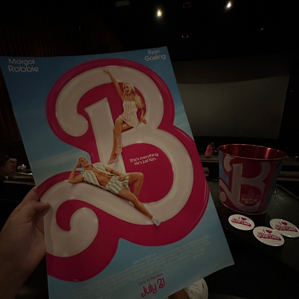 Barbie movie poster and pin